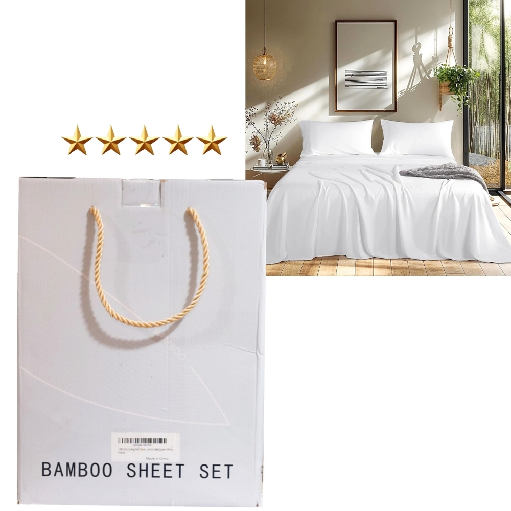NEW $156 LBRO2M Bamboo Viscose Super Soft Silky Sheet Set Queen 4pc White